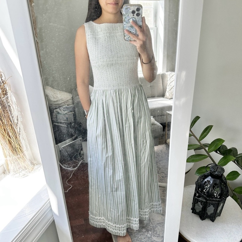 Hill House White and Light Green Striped Midi Dress - Picture 1 of 6